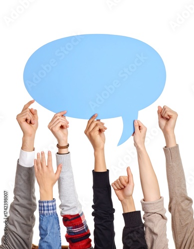 Various arms holding a blank speech bubble against a white background