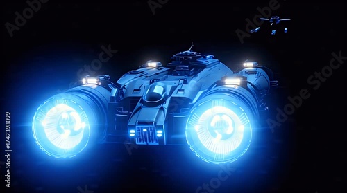 Sleek futuristic vessel with brilliant blue propulsion system, traversing the dark expanse of the cosmos, symbolizing innovation in space exploration and high-speed interstellar travel