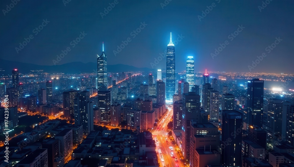 Obraz premium An urban scene featuring skyscrapers and city lights at night, night, illuminated