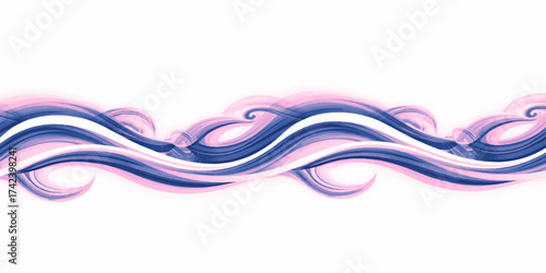 Abstract flowing ribbons of translucent fabric-like textures in soft blush pink and dark purple, weaving and intertwining across a bright canvas, evoking serenity and movement.
