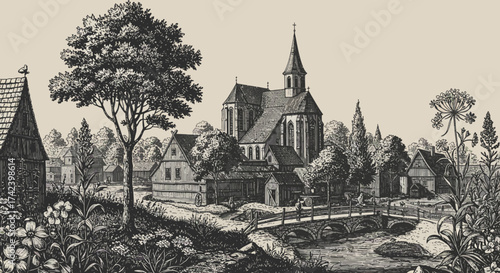 Detailed Etching of a Quaint Village with Church and Bridge.