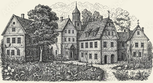 Detailed Illustration of a Quaint European Village with Timber-Framed Houses and Church.