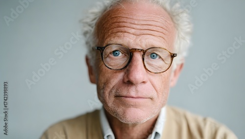 Elderly man with white hair and beard wearing glasses, looking calmly at the camera. Studio portrait with neutral background.