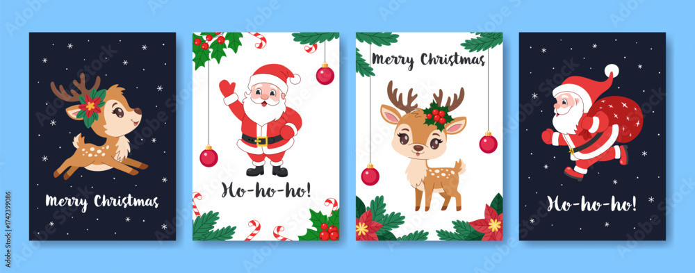 Fototapeta premium Christmas cards set with Santa Claus and reindeer. Cute holiday illustrations with snow, holly, candy canes, ornaments. Winter design for celebration, invitations, posters, banners and greeting card.