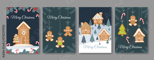 Christmas cards set with gingerbread houses, cookies, trees, candy canes and gingerbread men. Cute holiday winter illustrations for celebration, invitations, posters, banners and greeting card.