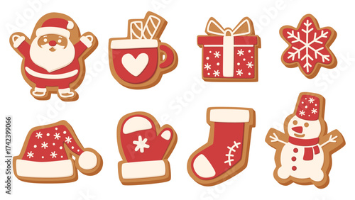 Christmas gingerbread cookies set with Santa, snowman, mitten, sock, hat, snowflake, cup and gift. Cute holiday collection for winter celebration, decoration, posters, invitations and greeting card.