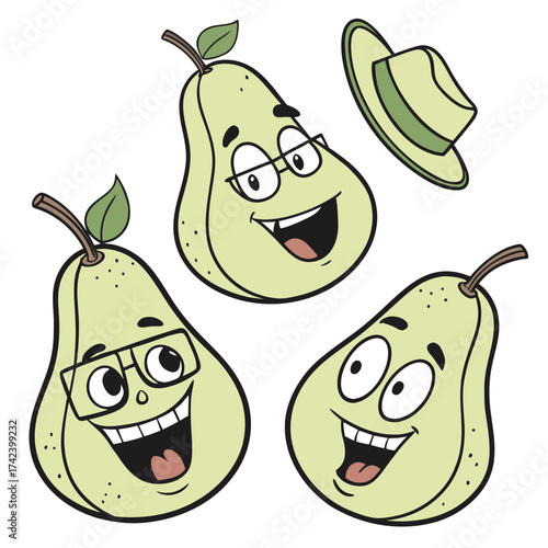 Cartoon pears with glasses and hat