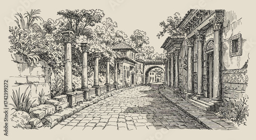 Architectural Sketch of Ancient Roman Street with Columns and Archway.