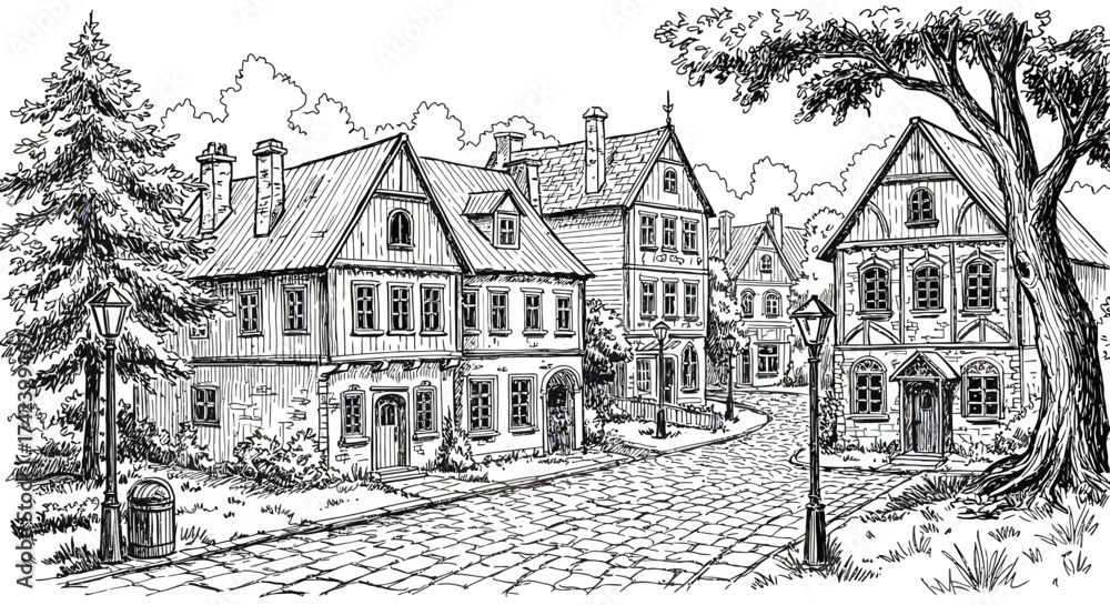 Obraz premium Hand-Drawn European Town Street Scene with Cobblestone Road and Traditional Buildings.