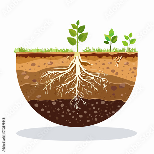 Detailed Root System Growing in Fertile Soil Cross-Section