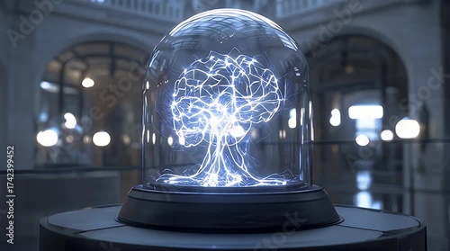 Captivating Abstract Brain Illuminated in a Bell Jar, Symbolizing Advanced Cognitive Research, Artificial Intelligence, and the Future of Intellectual Discovery