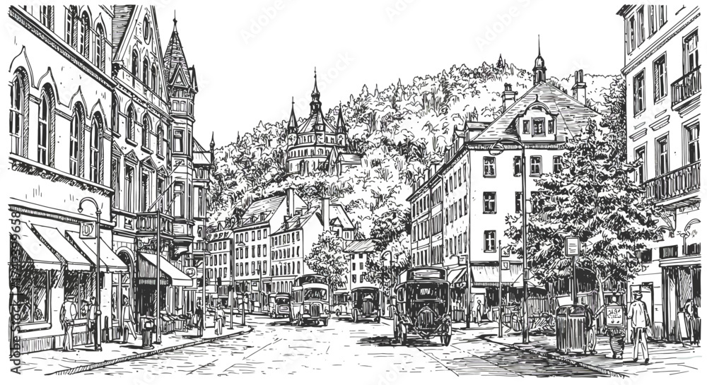 Obraz premium Heidelberg Street Scene: Vintage Cars and Historic Architecture Sketch.