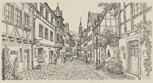 Hand-drawn European street scene with cobblestone road and historic buildings.