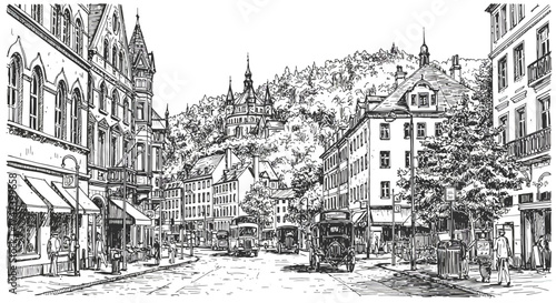 Heidelberg Street Scene: Vintage Cars and Historic Architecture Sketch.