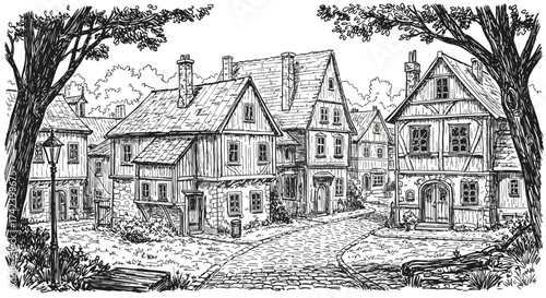 Hand-Drawn Illustration of a Quaint European Village Street Scene.