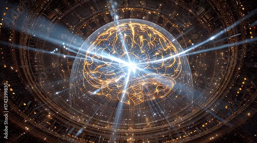Vibrant abstract illustration of a glowing human brain integrated into a futuristic digital network, symbolizing advanced artificial intelligence, deep learning, and technological evolution