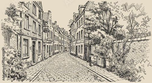 Hand-Drawn Illustration of a Quaint European Street Scene.