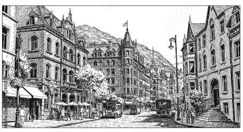 Detailed Ink Drawing of a European City Street Scene with Vintage Vehicles.