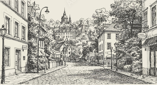 Hand-Drawn European Street Scene with Cobblestone Road and Buildings.