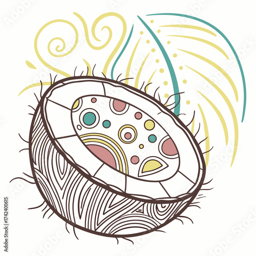 A halved coconut with colorful circles and swirls