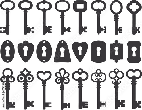 Key and keyhole silhouettes vintage old antique keys black silhouettes door locks medieval locked elements privacy symbols tidy vector collection