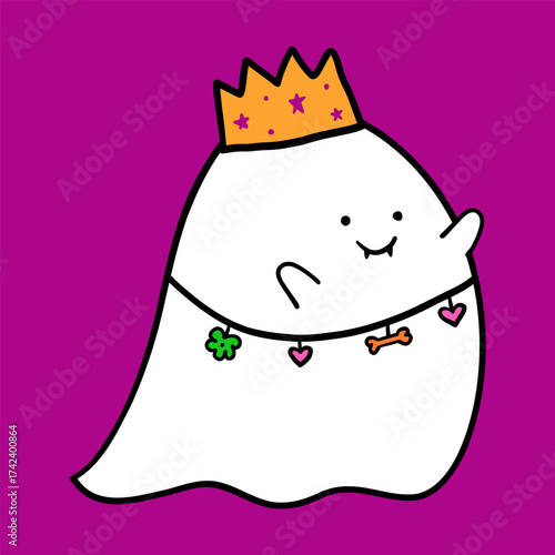 Hand drawn adorable boo spooky ghost wearing crown and necklace.Cute little monster vector clipart.Happy halloween element isolate on purple background.Flying ghost sheet.