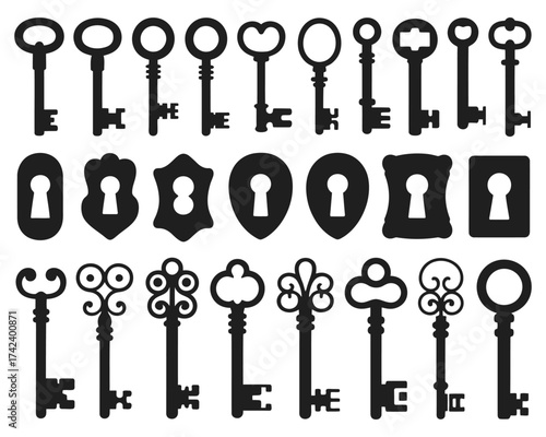 Key and keyhole silhouettes vintage old antique keys black silhouettes door locks medieval locked elements privacy symbols tidy vector collection