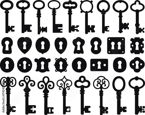 Black silhouette antique keys and vintage keyholes medieval door locks privacy elements collection tidy vector symbols for design and branding