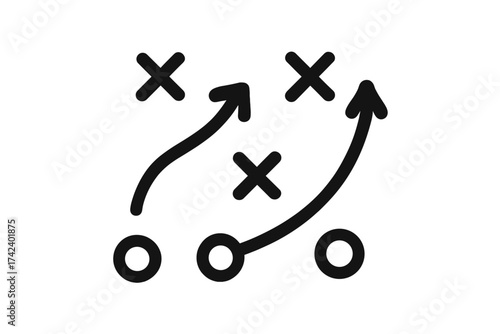 Tactical plan icon with strategic game arrows and player positions, vector illustration of sports strategy, coaching playbook design, and tactical movement concept with transparent background