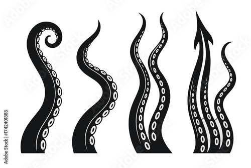 Giant octopus and squid tentacles vector illustration set, black and white sea creature tentacles with suction cups, ocean wildlife vector art, marine animal design elements, transparent background