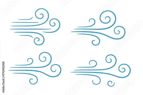 Wind blowing vector set with swirling gusts, weather elements collection isolated on white background, transparent background design, air flow concept illustration