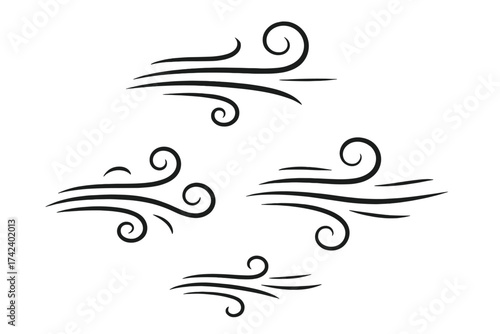Wind blowing gust vector set, weather wind swirl icons, isolated air flow symbols, abstract breeze design with transparent background, atmospheric element collection