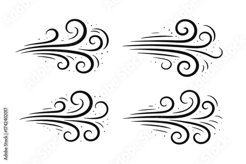 Abstract Wind Blowing Vector Design Set with Gust Swirls, Weather Elements, Air Flow Concept, Decorative Transparent Background Illustrations, Isolated Black Ink Style Graphics