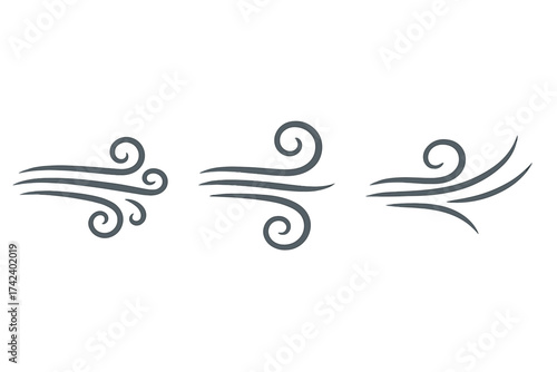 Wind blowing gust vector design set with swirling air flow symbols, isolated white background, weather concept illustration, transparent background graphics, wind energy icons