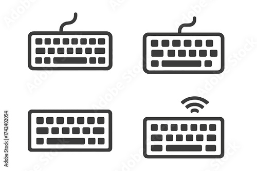 Keyboard icon vector set from computer interface collection with transparent background, ordered minimalistic keyboard illustrations, wired and wireless PC peripheral symbols