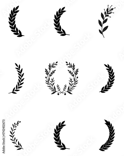 Features curved leaf branches and central wreath symbolizing honor, success, and achievement. Perfect for elegant emblems, certificates, award logos, and decorative illustrations. Isolated on white ba