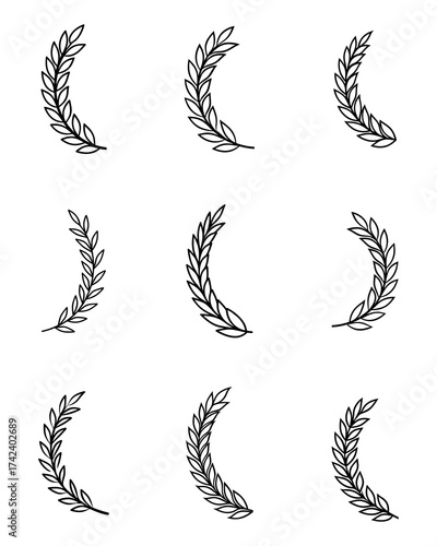 Collection of nine elegant laurel wreath branch designs in hand-drawn style. Each curved branch features detailed leaves symbolizing honor, success, and victory. Perfect for award logos, certificates,