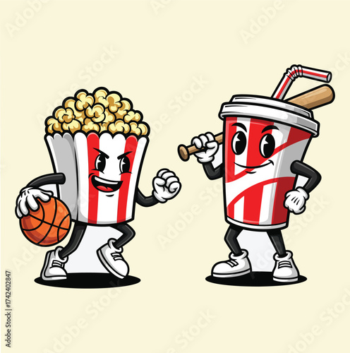 Playful cartoon characters of popcorn and soda playing basketball together isolated on white background