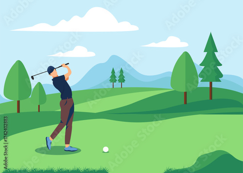 
Vector illustration Man Playing Golf on Green Landscape