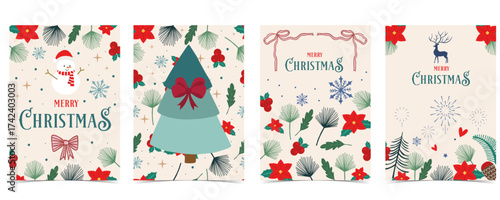 Cute christmas postcard with flower,christmas tree,bow,leaves.vector illustration for kid card invitation and new year design