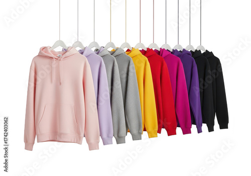 Wallpaper Mural A collection of colorful hooded sweatshirts hanging on hangers, isolated on transparent background Torontodigital.ca