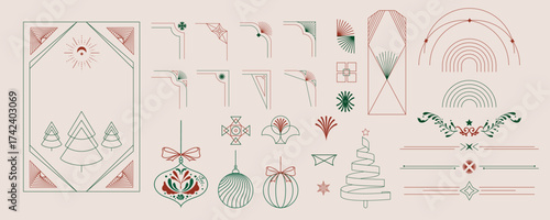 Minimal art deco with christmas tree,bauble,wreath,border outline.vector illustration for Christmas party invitation card, postcard, menu ,print, social media template