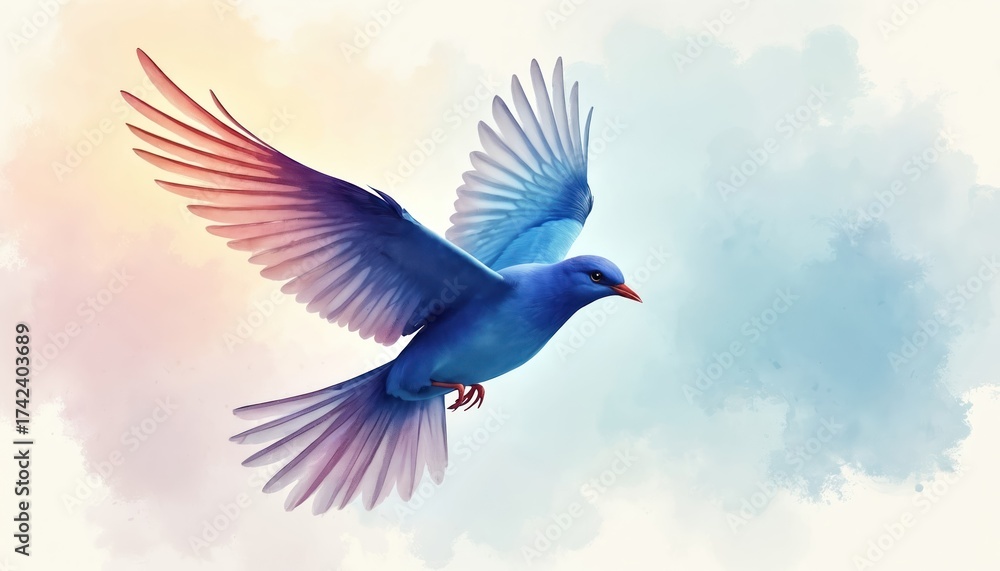 Obraz premium Blue bird with spread wings flies in soft pastel sky. Bird symbolizes freedom, hope, and peace. Gentle colors suggest calm and tranquility in flight. Artful illustration for peaceful themes.