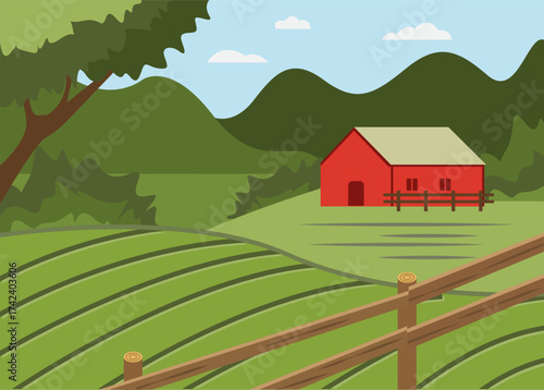 Vector illustration of a red barn on a green farmland with mountains background