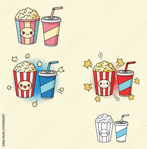 Collection of cartoon popcorn buckets and soda cups with straws hand drawn illustration isolated on white background