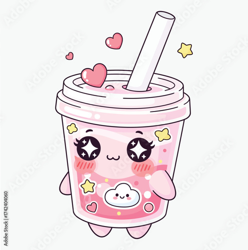 Adorable kawaii cartoon character bubble tea drink with cute face and hearts isolated on white background