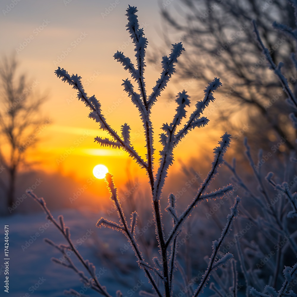 Obraz premium Winter sunrise with frosty branches