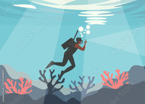 Vector illustration of a Scuba Diver Exploring an Underwater Coral Reef