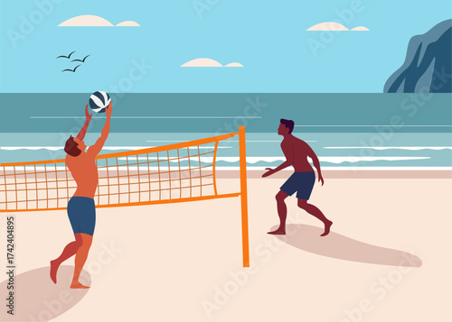 Vector illustration of two people playing beach volleyball on a sunny day by the sea