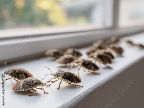 group of brown marmorated stink bugs gathered on a white windowsill inside a house